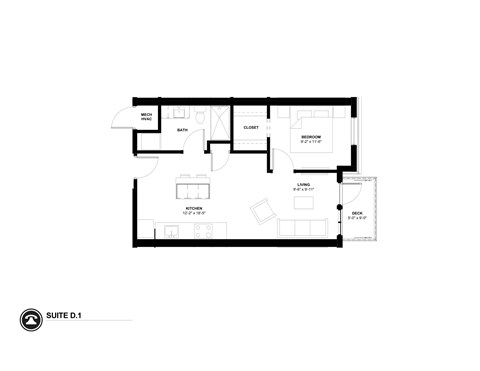 Floor plan for 1 bed, 0.8 baths, 612 sqft